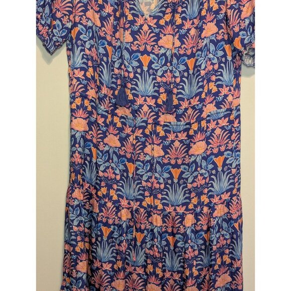 J. McLaughlin XS Dress Chessie Silk Blend Blue Floral Tiered Stained Glass Boho - Picture 2 of 12